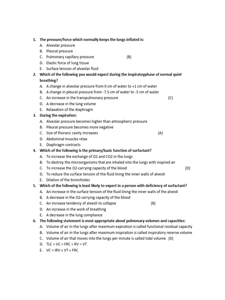 Respiratory Physiology and Mechanics Quiz | PDF | Lung | Breathing
