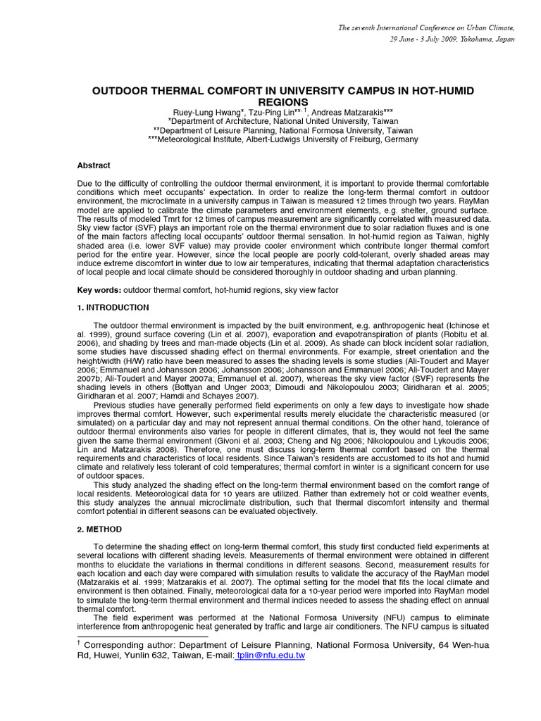 Outdoor Thermal Comfort in University Campus in Hot-Humid | PDF ...