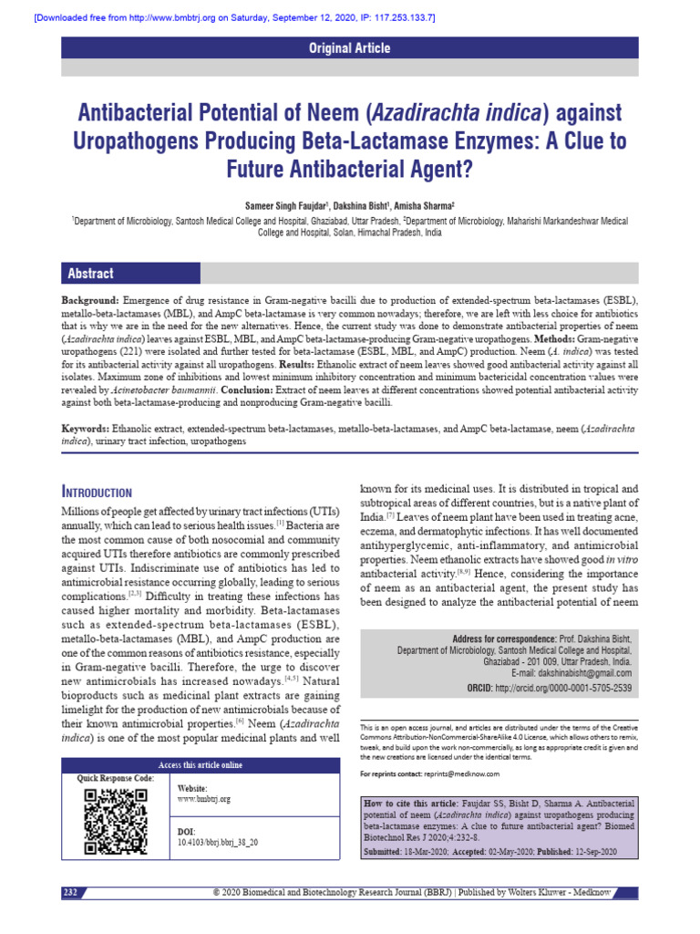 Neem's Antibacterial Effects on Uropathogens | PDF | Beta Lactamase ...