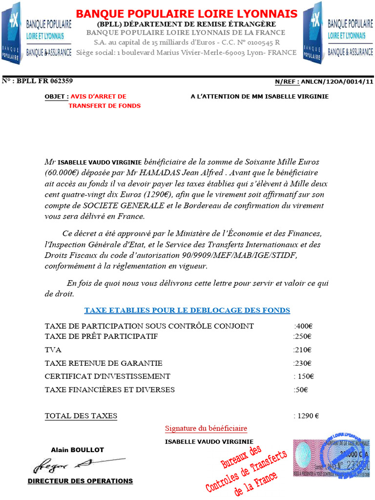 Avis de transfert de fonds BPLL | PDF