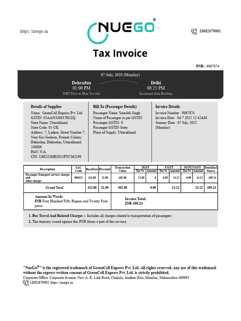 Tax Invoice for Bus Travel Services | PDF | Invoice | Transport