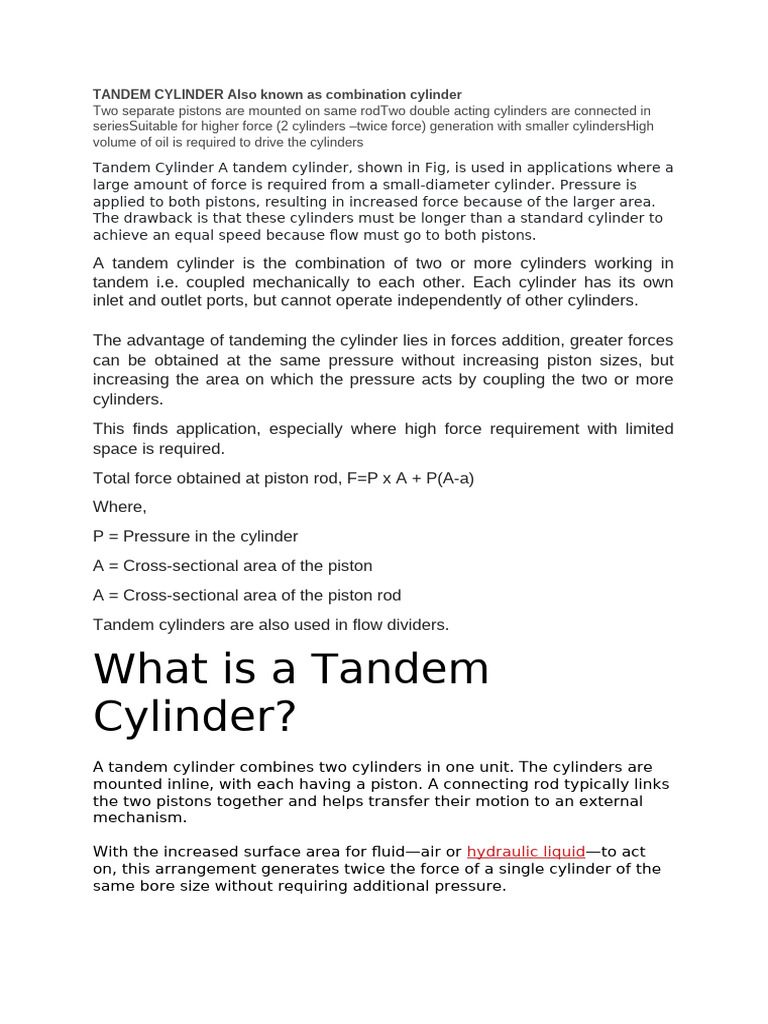 Tandem Cylinder Functionality Explained | PDF | Piston | Cylinder (Engine)