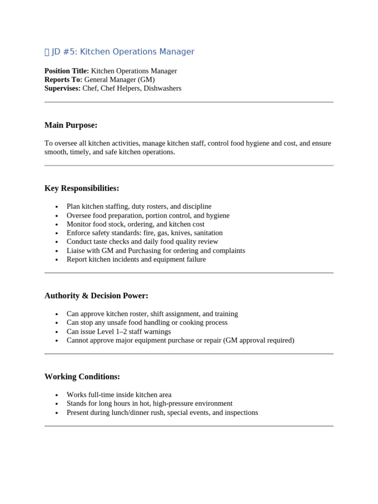 JD 5 - Kitchen Operations Manager | PDF