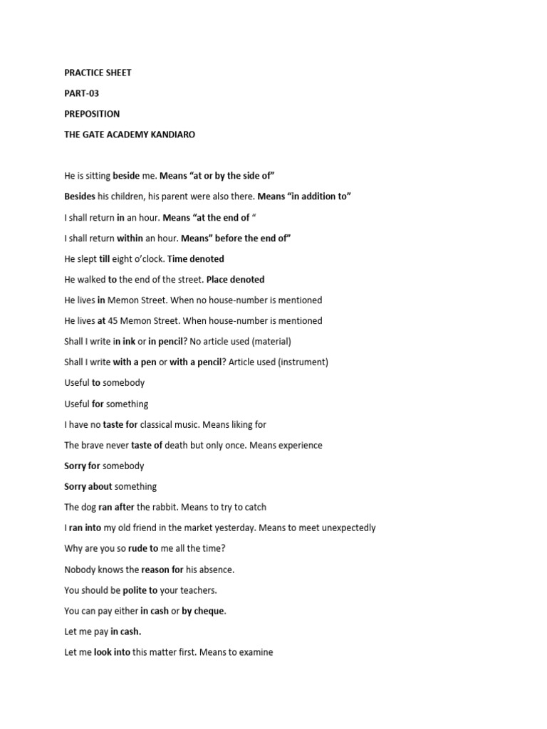 Prepositions Practice Sheet Part 3 | PDF