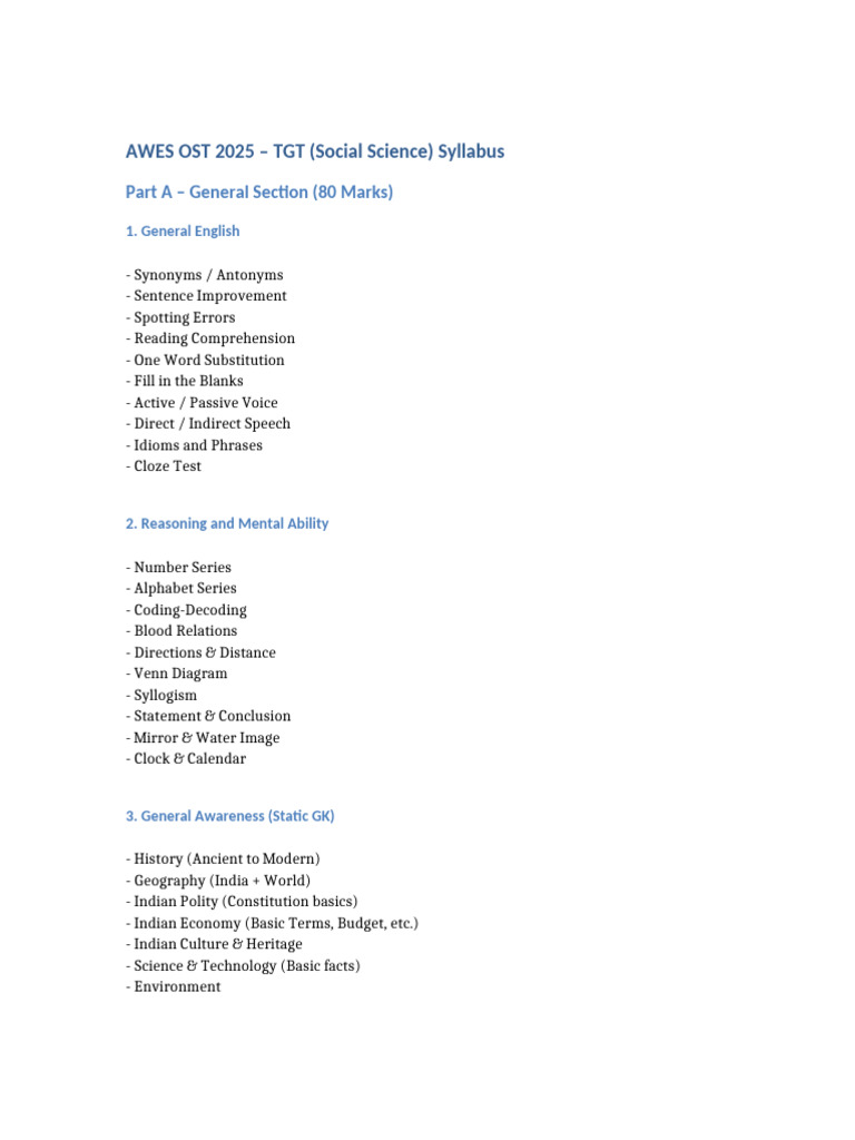 AWES OST 2025 TGT Social Science Syllabus | PDF
