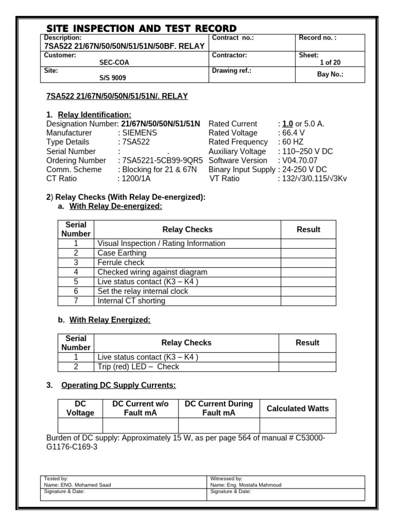Site Inspection Record for Relay DF-9009 | PDF | Relay | Electrical ...