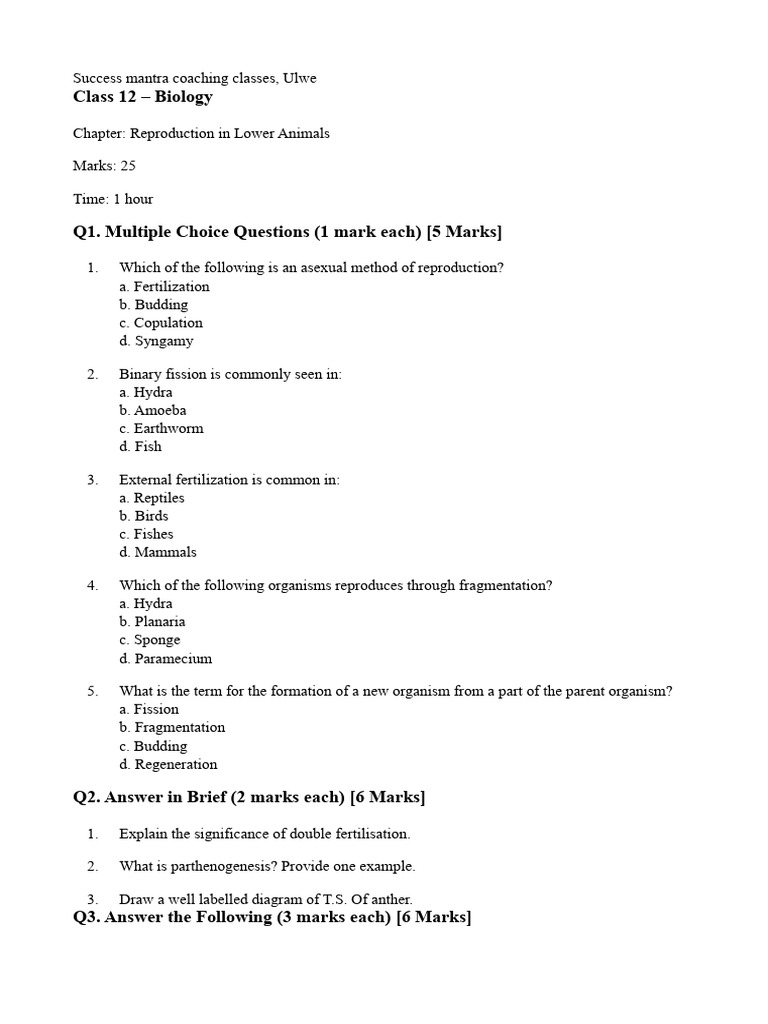 Reproduction in Lower Animals Classs:2th | PDF