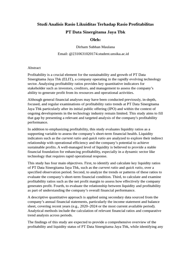 Studi Analisis Rasio Likuiditas Terhadap Rasio Profitabilitas Pada PT ...