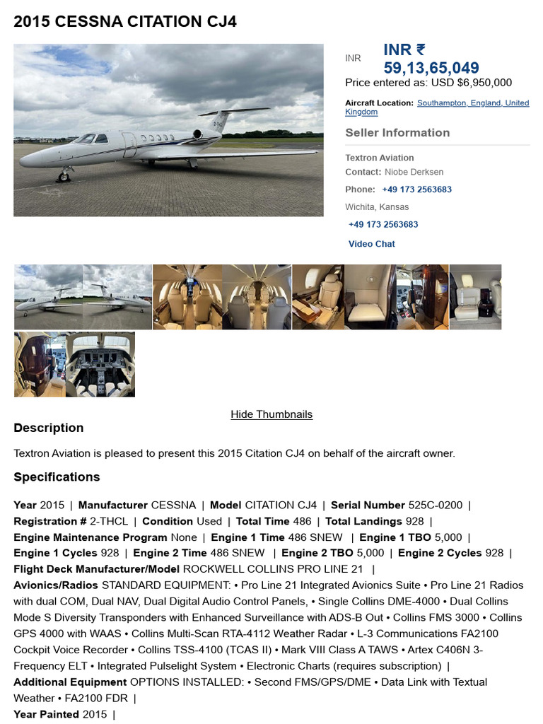 2015 CESSNA CITATION CJ4 For Sale in Southampton, England | PDF ...