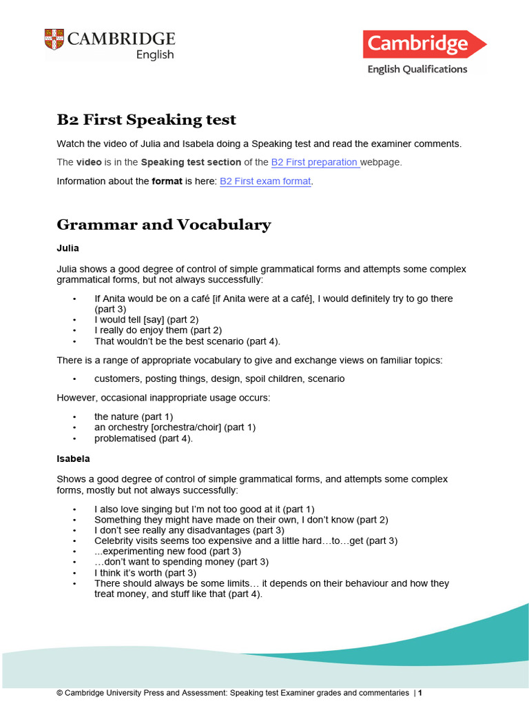 B2 First Examiner Comments Julia And Isabela Pdf Communication