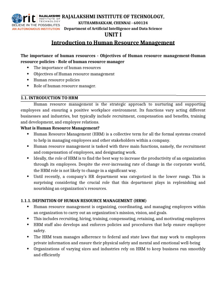 HRM Unit I and Unit 2 | PDF | Human Resource Management | Human Resources