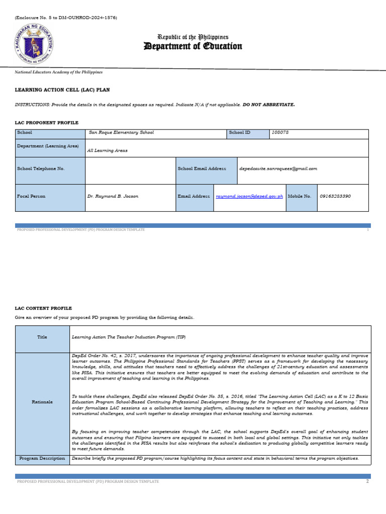 Teacher Induction Program LAC Plan | PDF | Curriculum | Learning