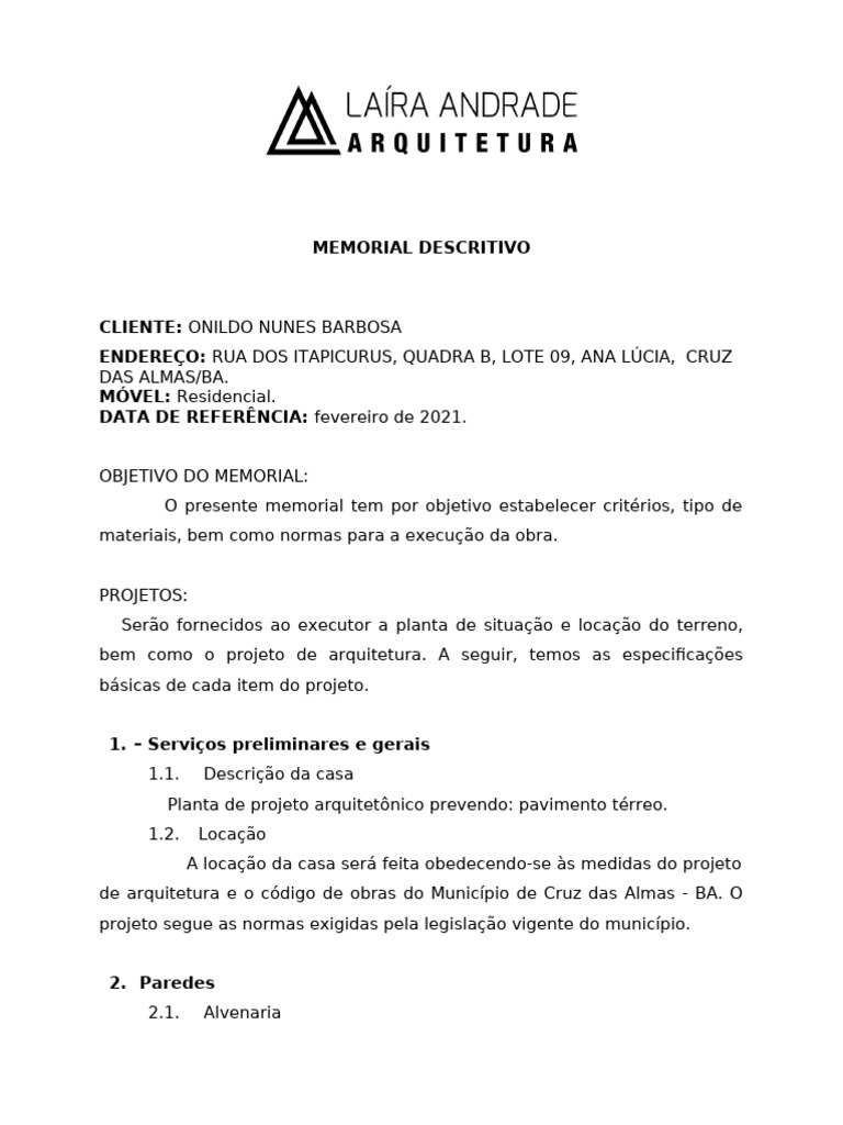 Memorial Descritivo da Obra Residencial | PDF | Argamassa (alvenaria ...