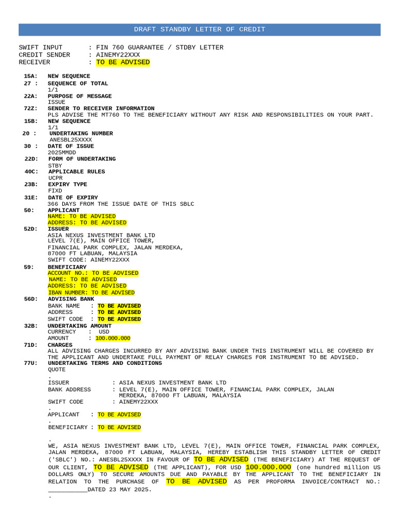 Draft SBLC from Asia Nexus Bank | PDF | Letter Of Credit | Money
