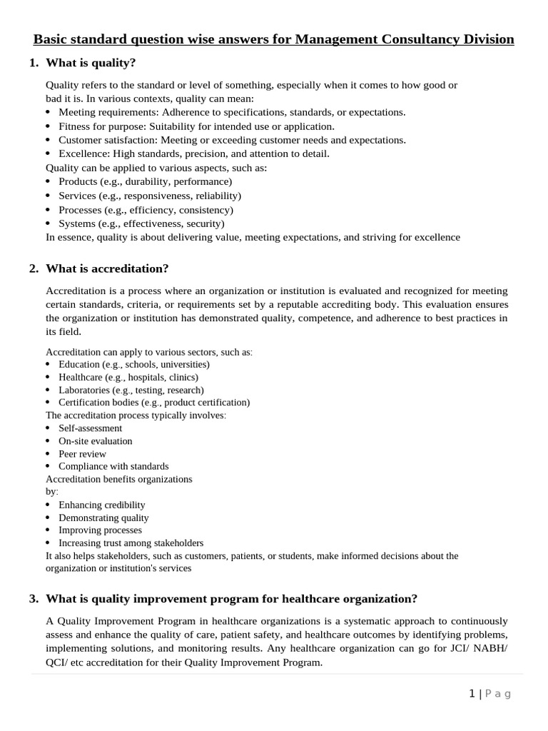 Basic Standard Question Wise Answers for Management Consulting Division ...