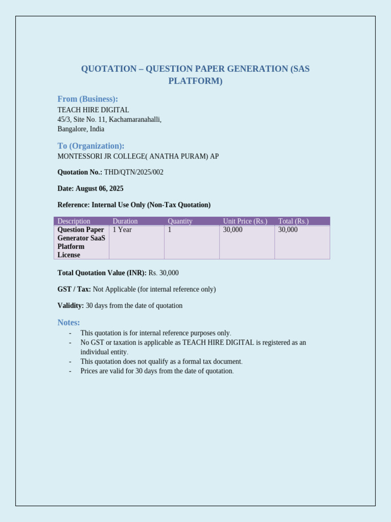 Quotation for Question Paper Generator SaaS | PDF