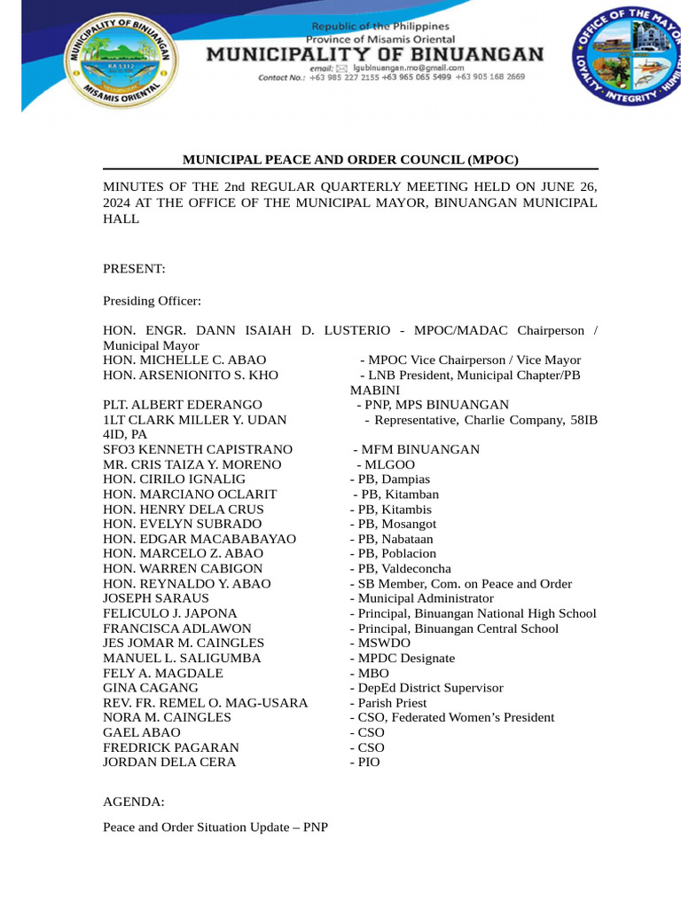 Binuangan MPOC Meeting Minutes June 2024 | PDF | Government | Governance