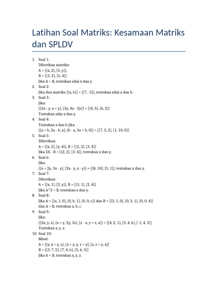 Latihan Matriks Kesamaan SPLDV | PDF