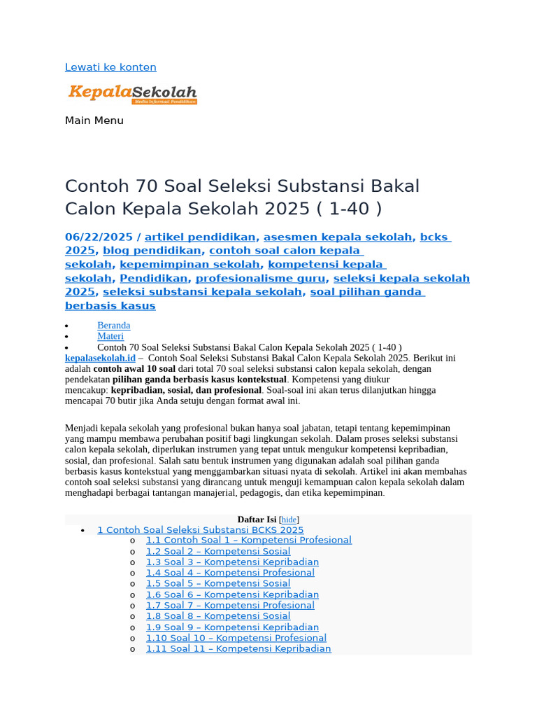 Contoh Soal BCKS 2025 untuk Seleksi Kepala Sekolah | PDF