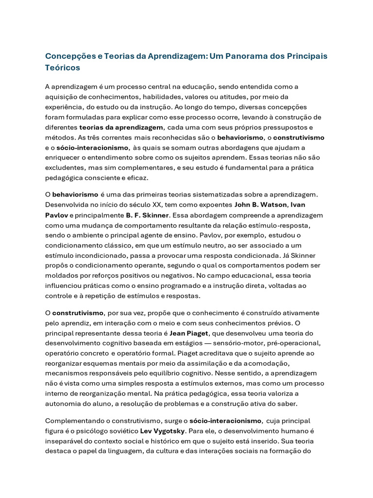 Teorias da Aprendizagem: Panorama Geral | PDF | Aprendizado | Behaviorismo