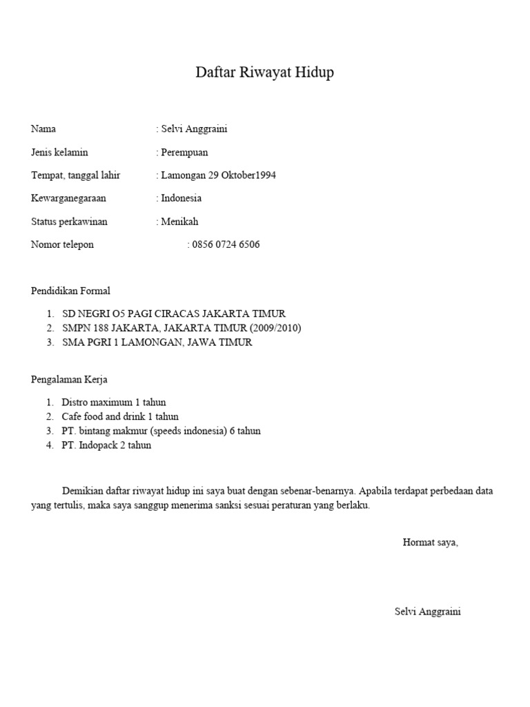 Daftar Riwayat Hidup Silfi | PDF