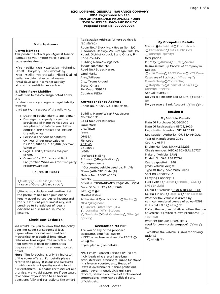 Two-Wheeler Insurance Proposal Form | PDF | Insurance | Liability Insurance