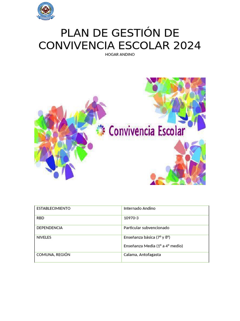Plan de Gestion Convivencia Escolar 2024 Hogar Andino | PDF | Inclusión ...