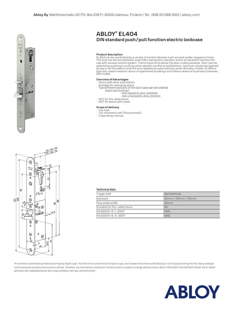 Abloy EL404 Electric Lock Overview | PDF | Door