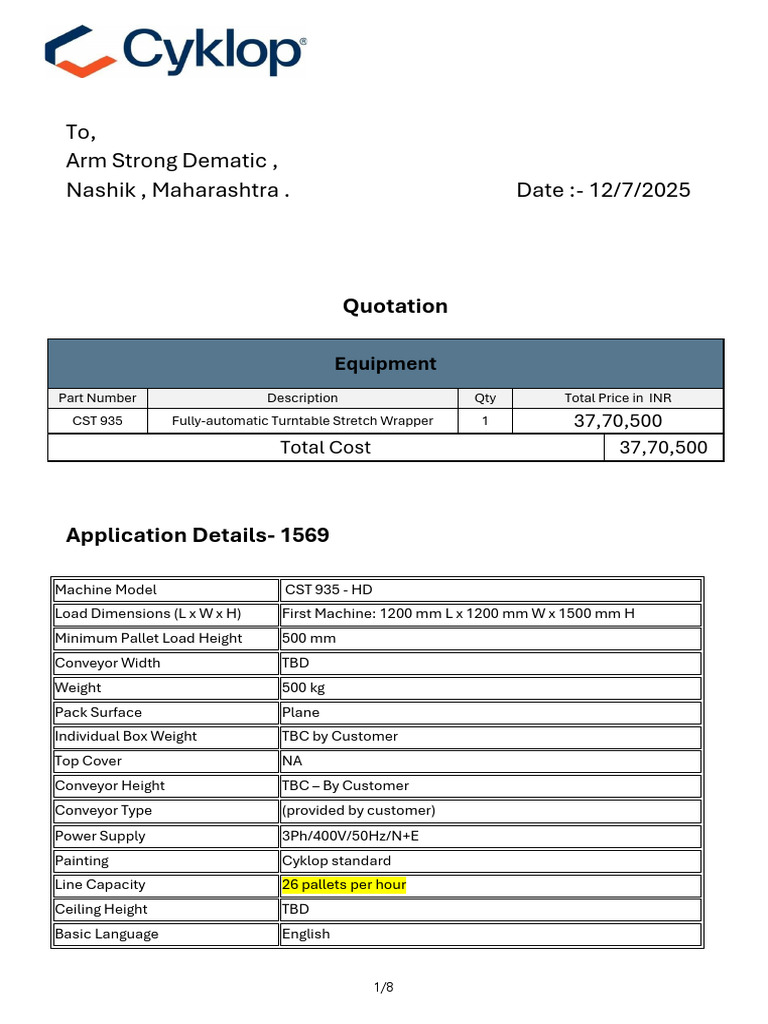 CST 935 Stretch Wrapper Quotation | PDF | Pallet | Engines