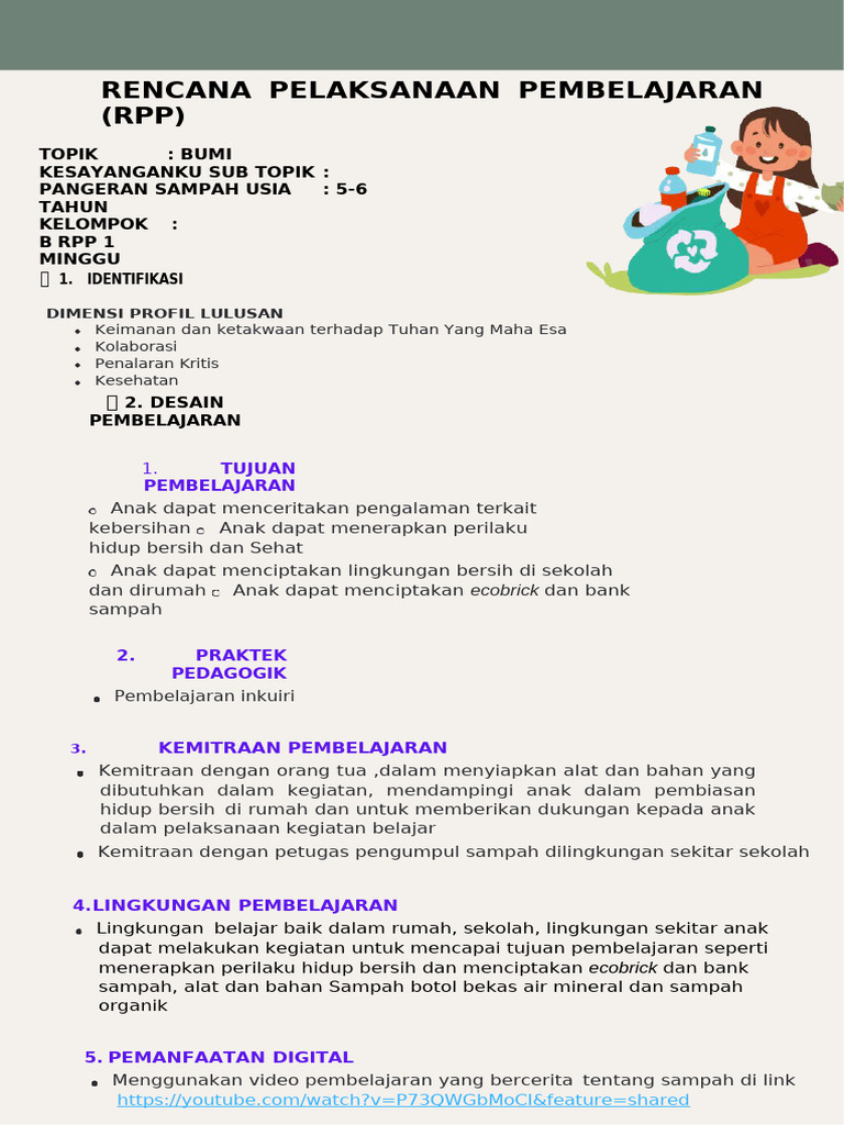 RPP PAUD: Kebersihan dan Bank Sampah | PDF