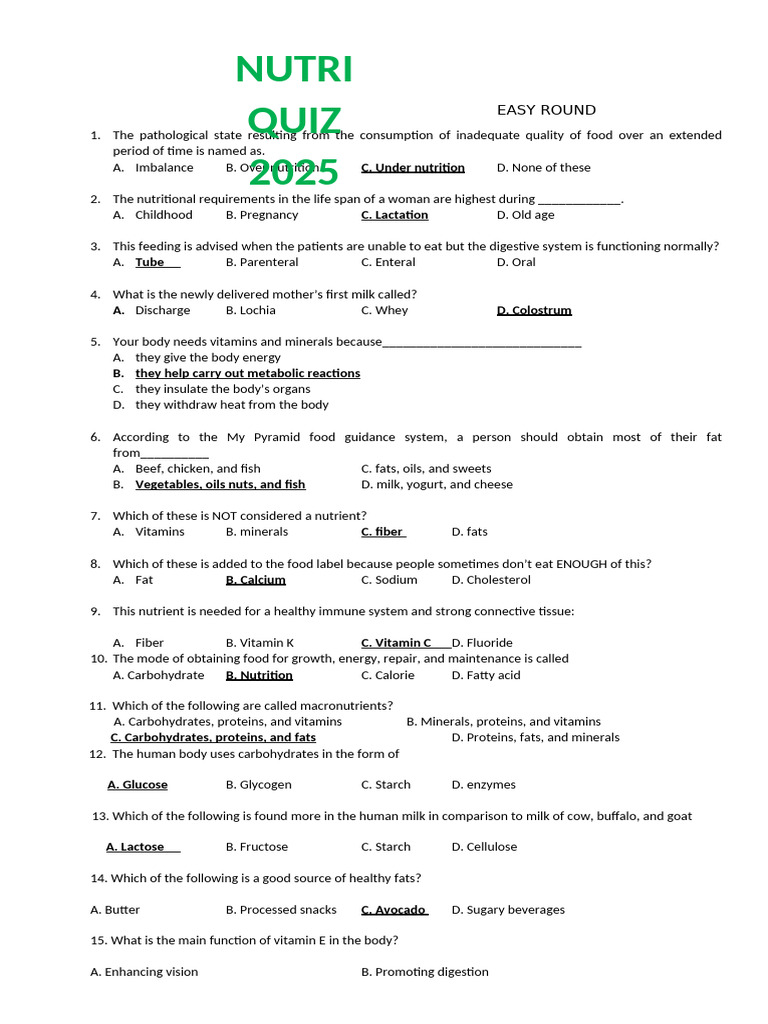 Nutri Quiz Bowl Food and Nutrition Easy, Average &difficult Questions ...