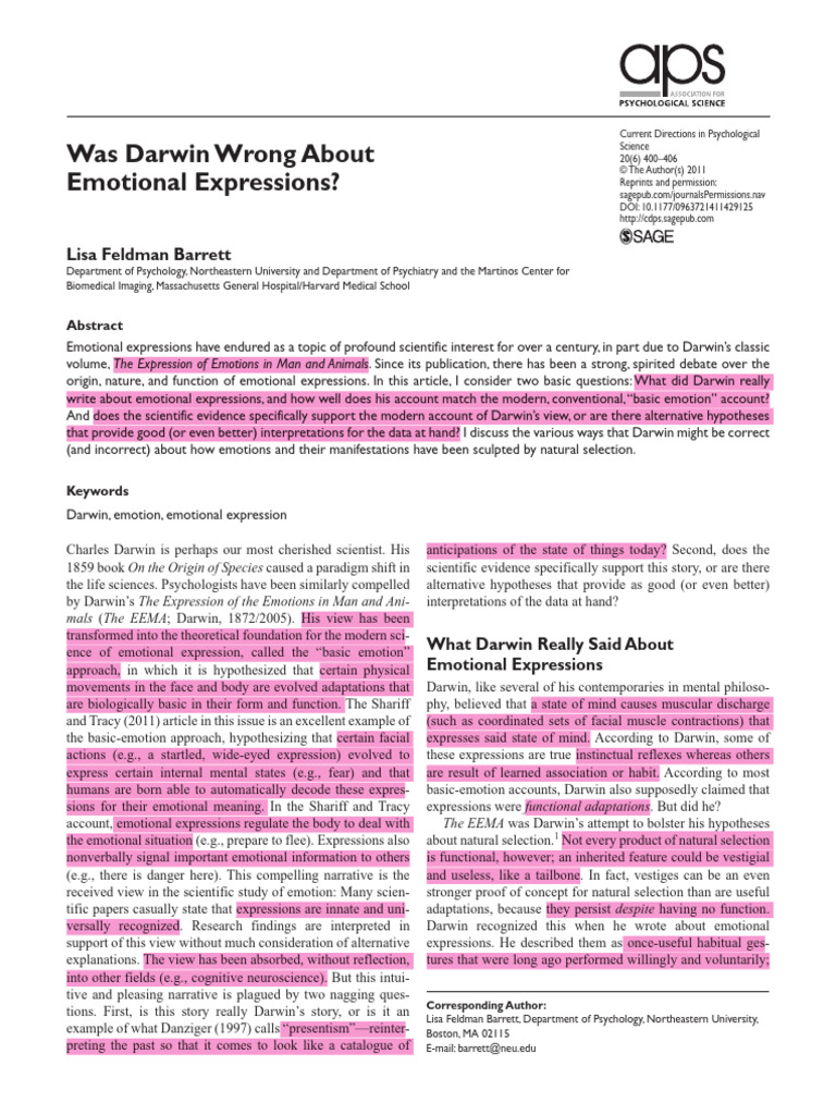 Darwin's Views on Emotional Expression | PDF | Emotions | Fear