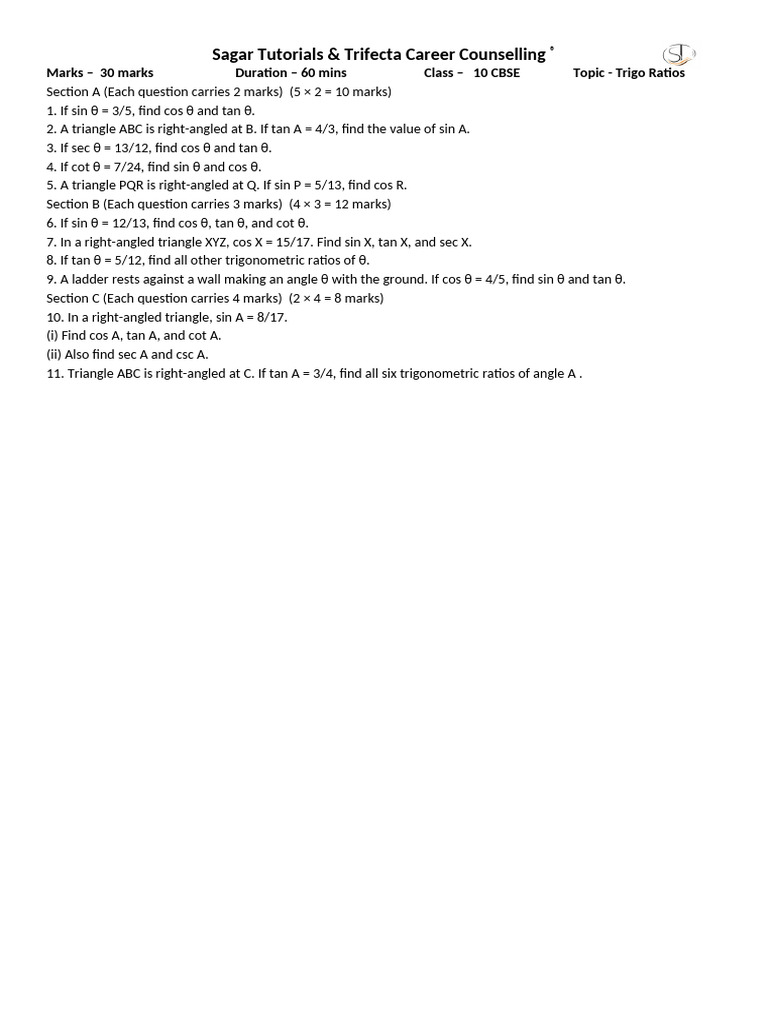 Class 10 Trigonometry Problems | PDF