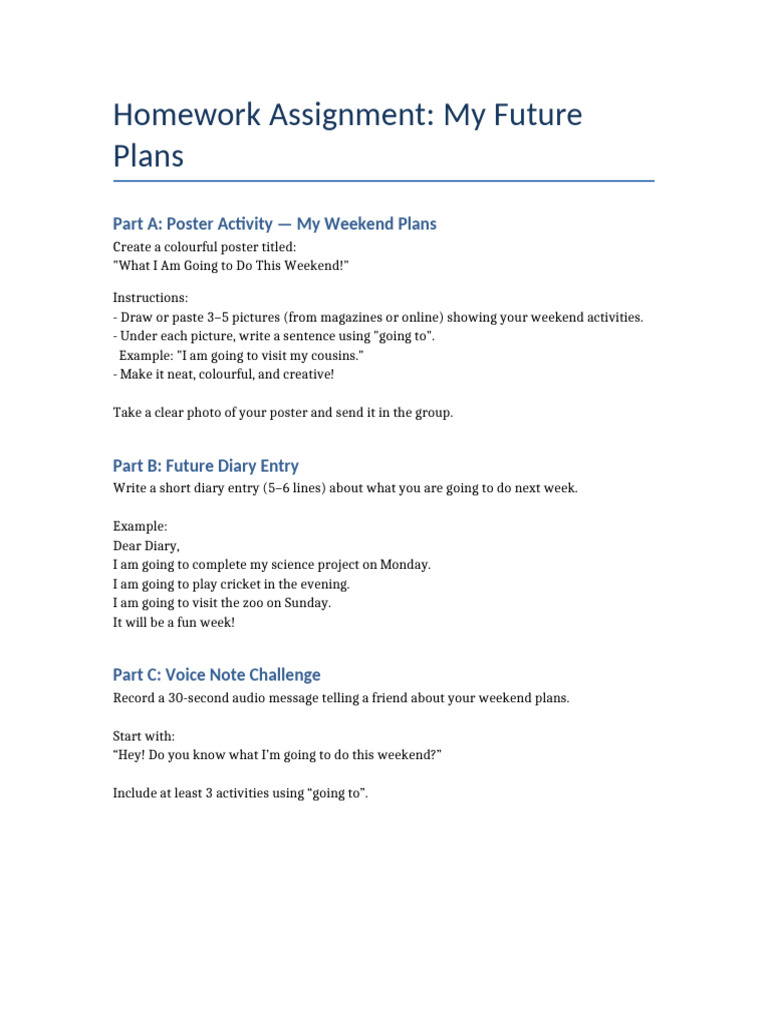 Weekend Plans Homework Assignment | PDF