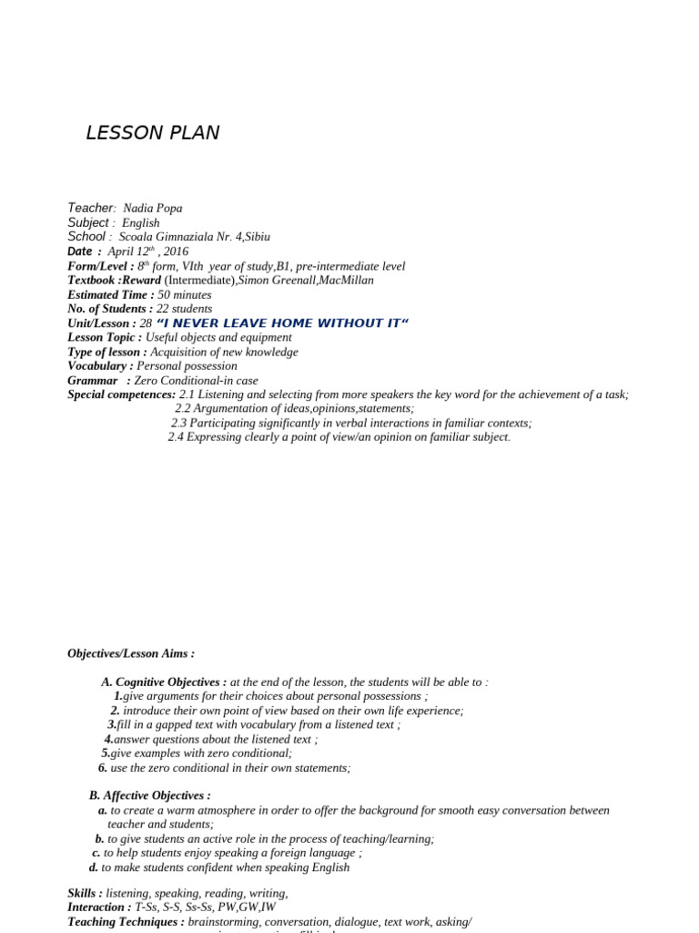 8th Grade English Lesson Plan: Zero Conditional | PDF | Vocabulary ...