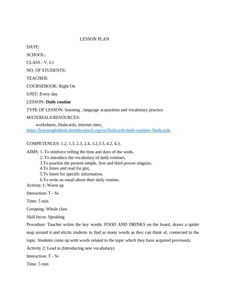 Daily Routines Lesson Plan | PDF | Lesson Plan | Vocabulary