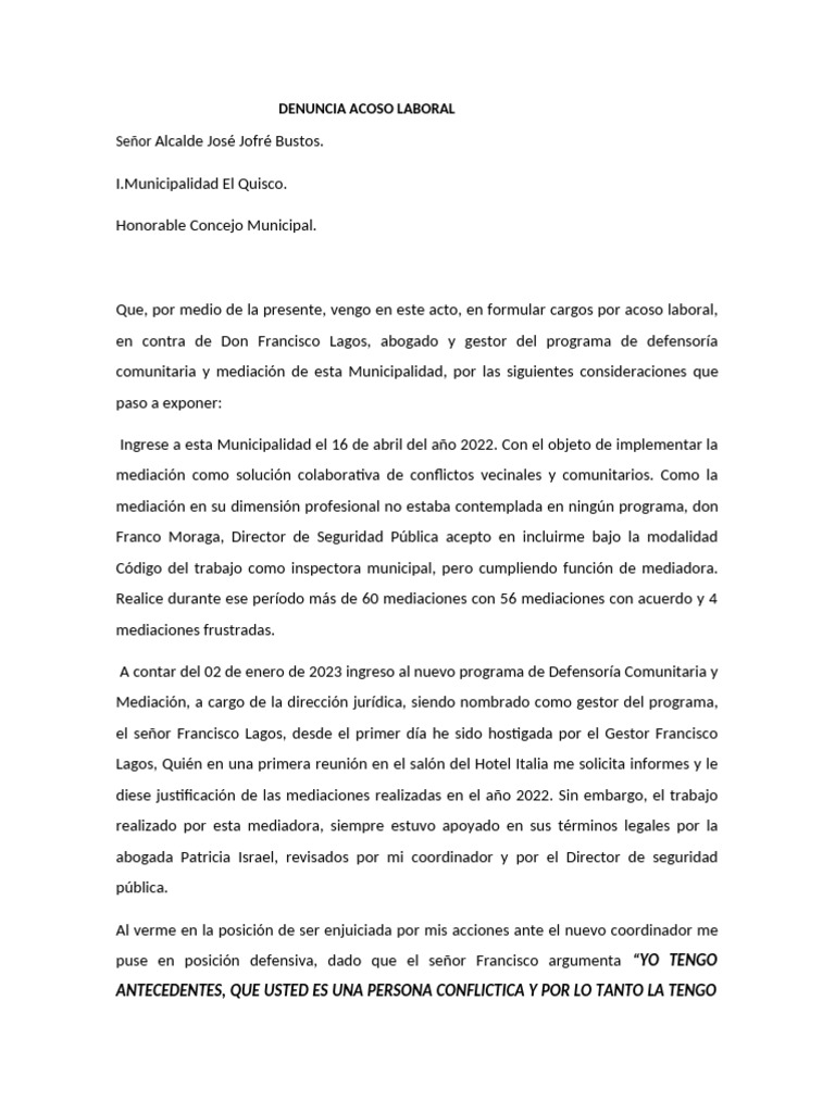 Denuncia de Acoso Laboral en Municipalidad | PDF | Mediación