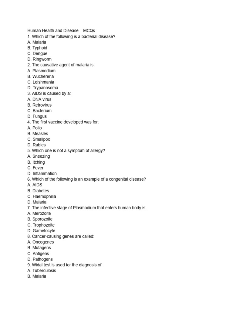 Human Health and Disease MCQs Guide | PDF