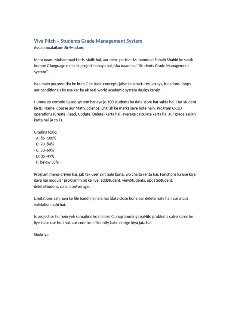 Viva Pitch Students Grade Management System | PDF