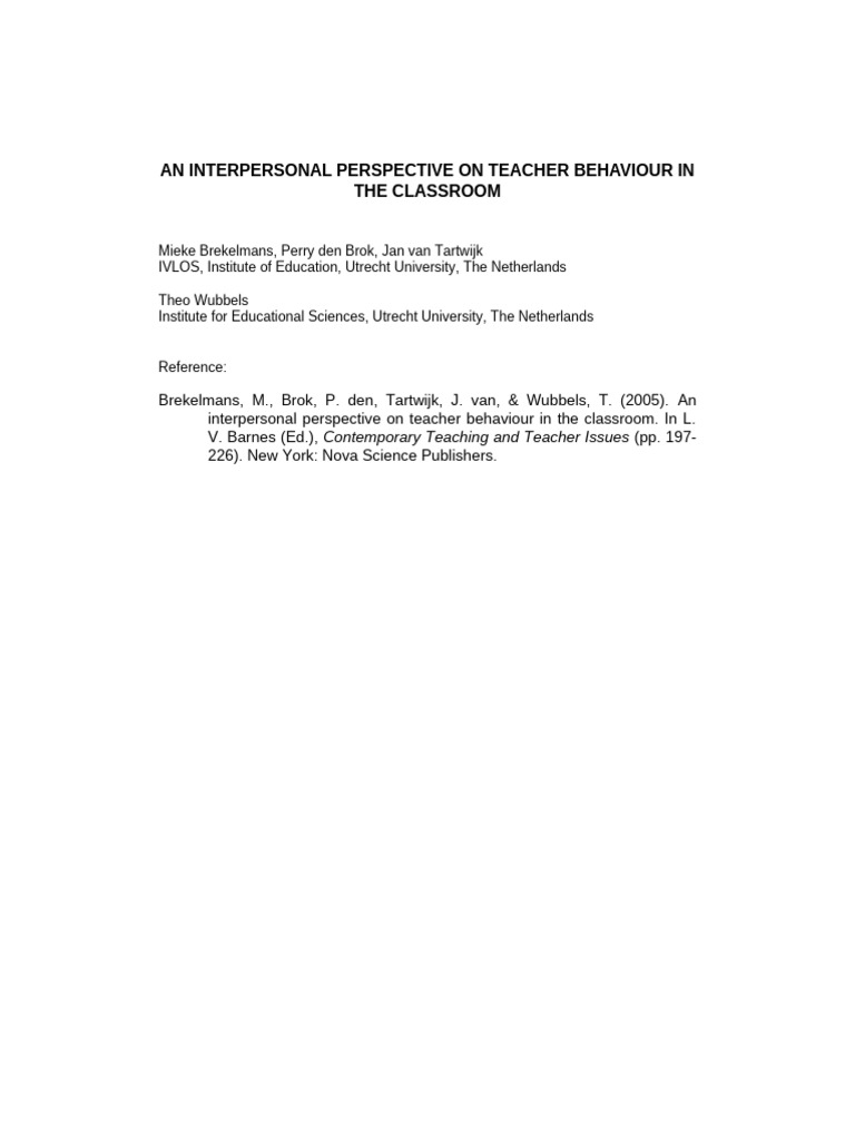 An Interpersonal Perspective On Teacher | PDF | Teachers | Affect ...