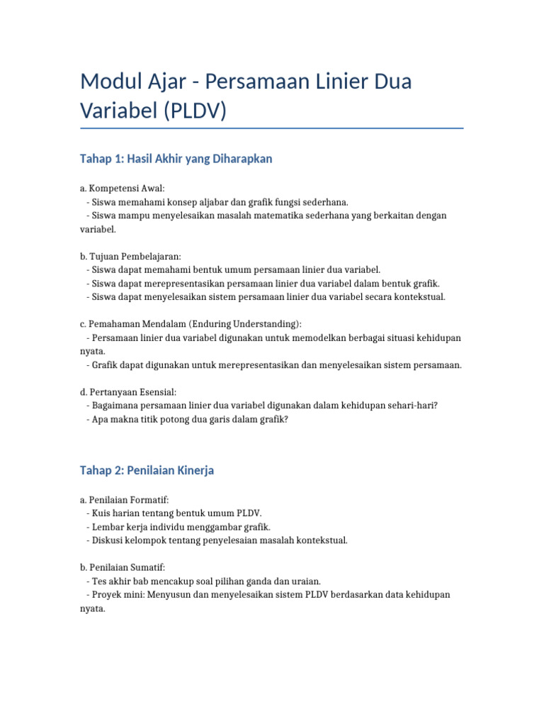 Modul Ajar Persamaan Linier Dua Variabel | PDF