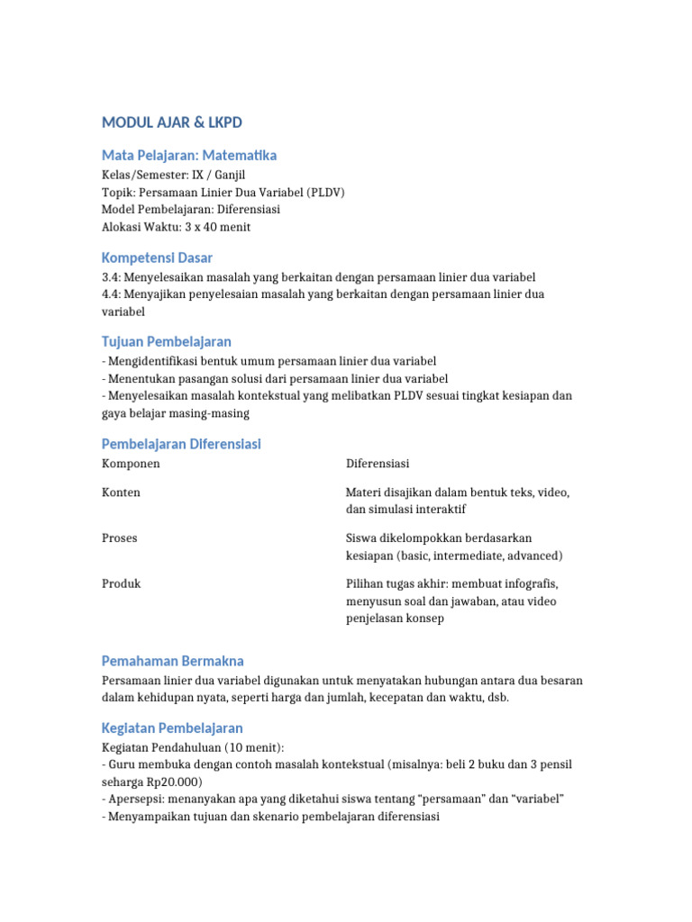 Modul Diferensiasi PLDV Kelas IX | PDF