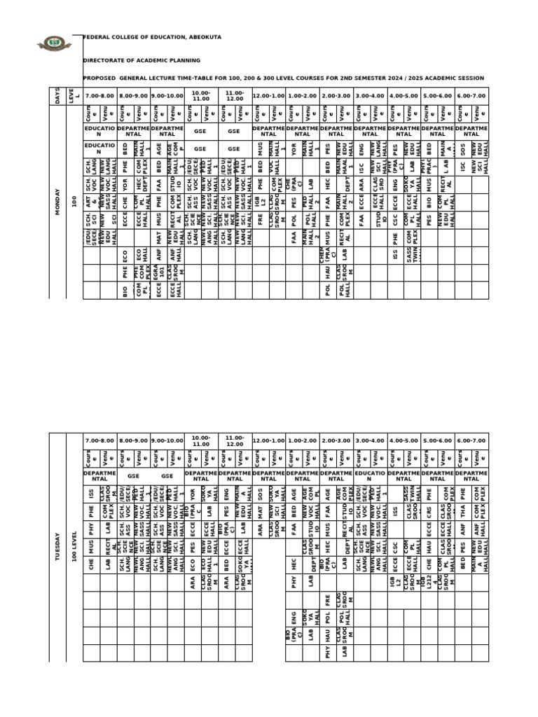 2024/2025 College Lecture Timetable | PDF