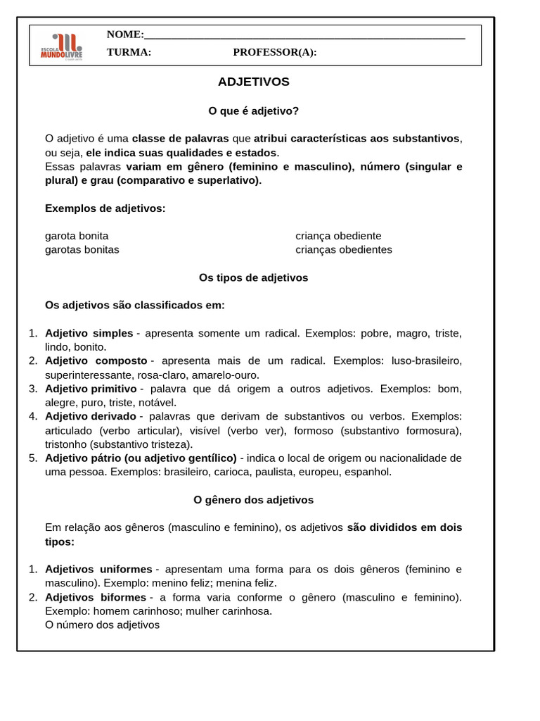 Adjetivos: Definição e Classificação | PDF | Adjetivo | Famílias ...