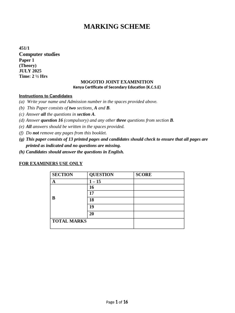 K.C.S.E Computer Studies Marking Scheme | PDF | Computer Network ...