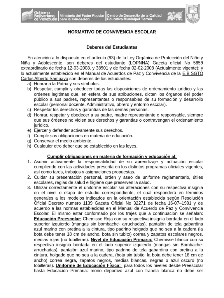 Deberes y Normas de Convivencia Escolar | PDF | Institución | Maestros