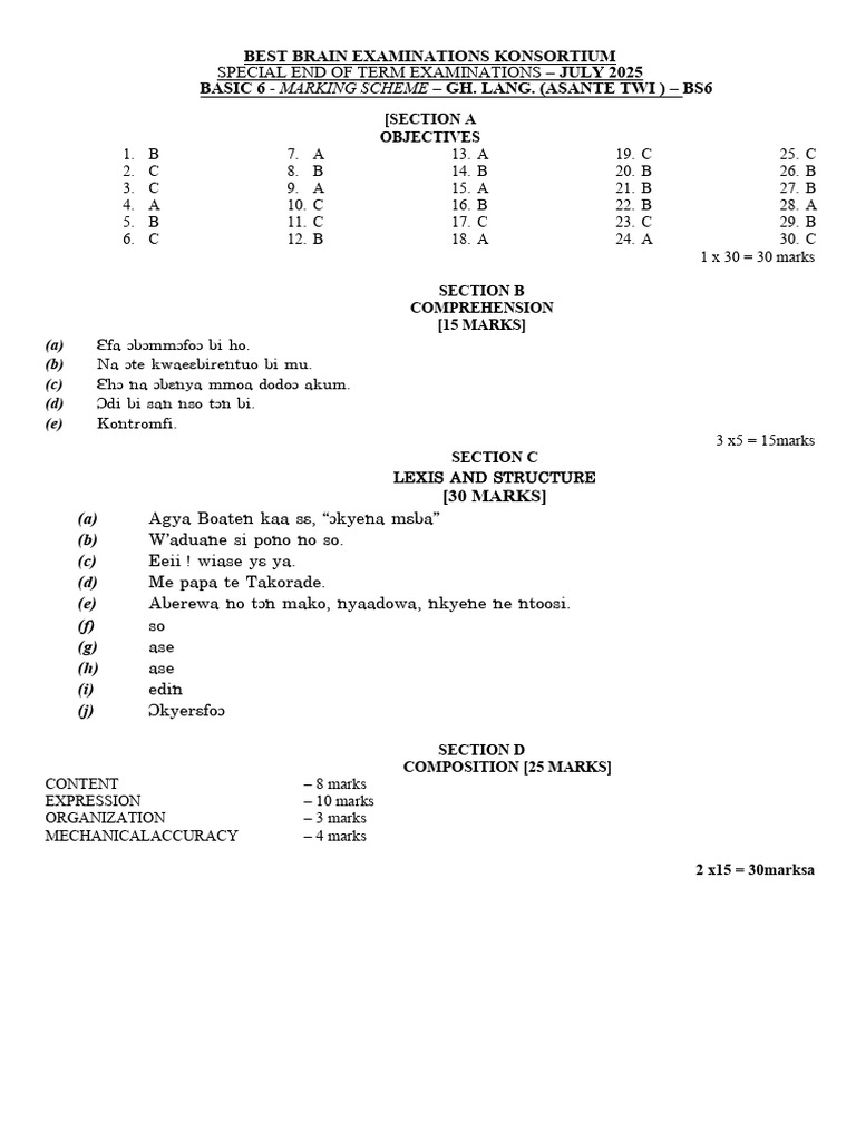 Basic 6 Asante Twi Exam Marking Scheme | PDF