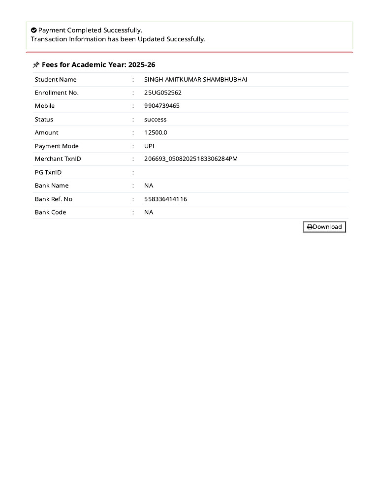2025-26 Academic Year Payment Receipt | PDF