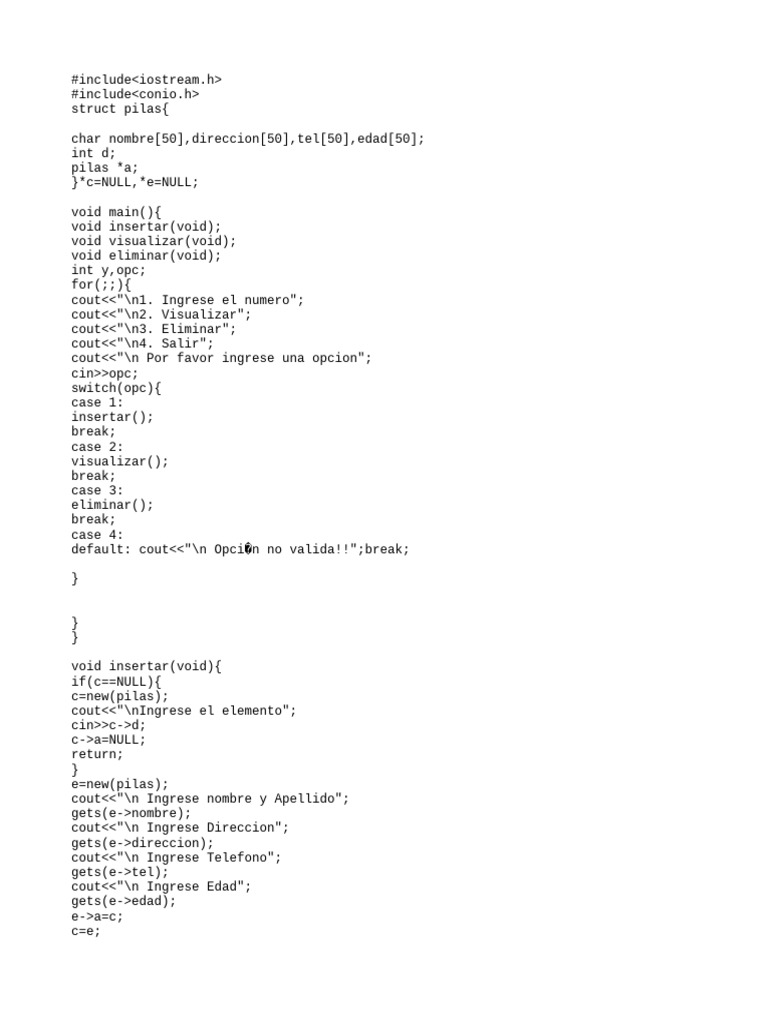 Gestión de Pilas en C++: Insertar, Visualizar y Eliminar | PDF