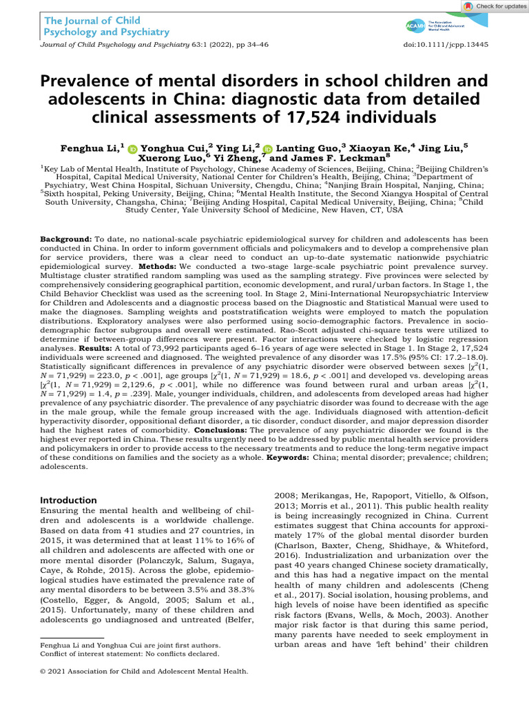 Child Psychology Psychiatry - 2021 - Li - Prevalence of Mental ...